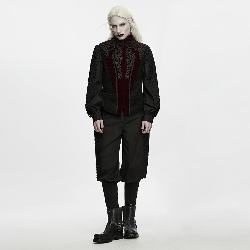Modelo de cuerpo entero con el chaleco negro y rojo, bombacho y botas no incluidos