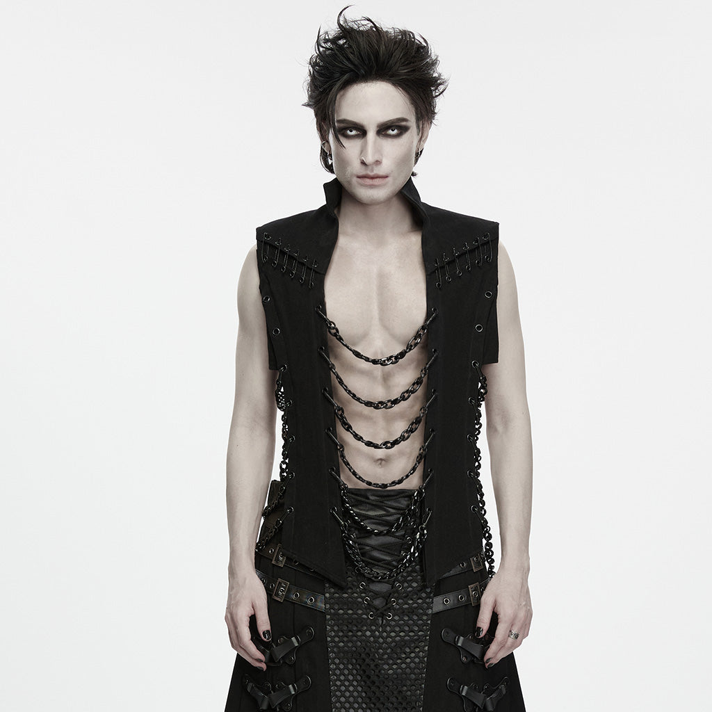 Chaleco punk negro de cadenas puesto, vista frontal con el cuello alto y el pecho descubierto
