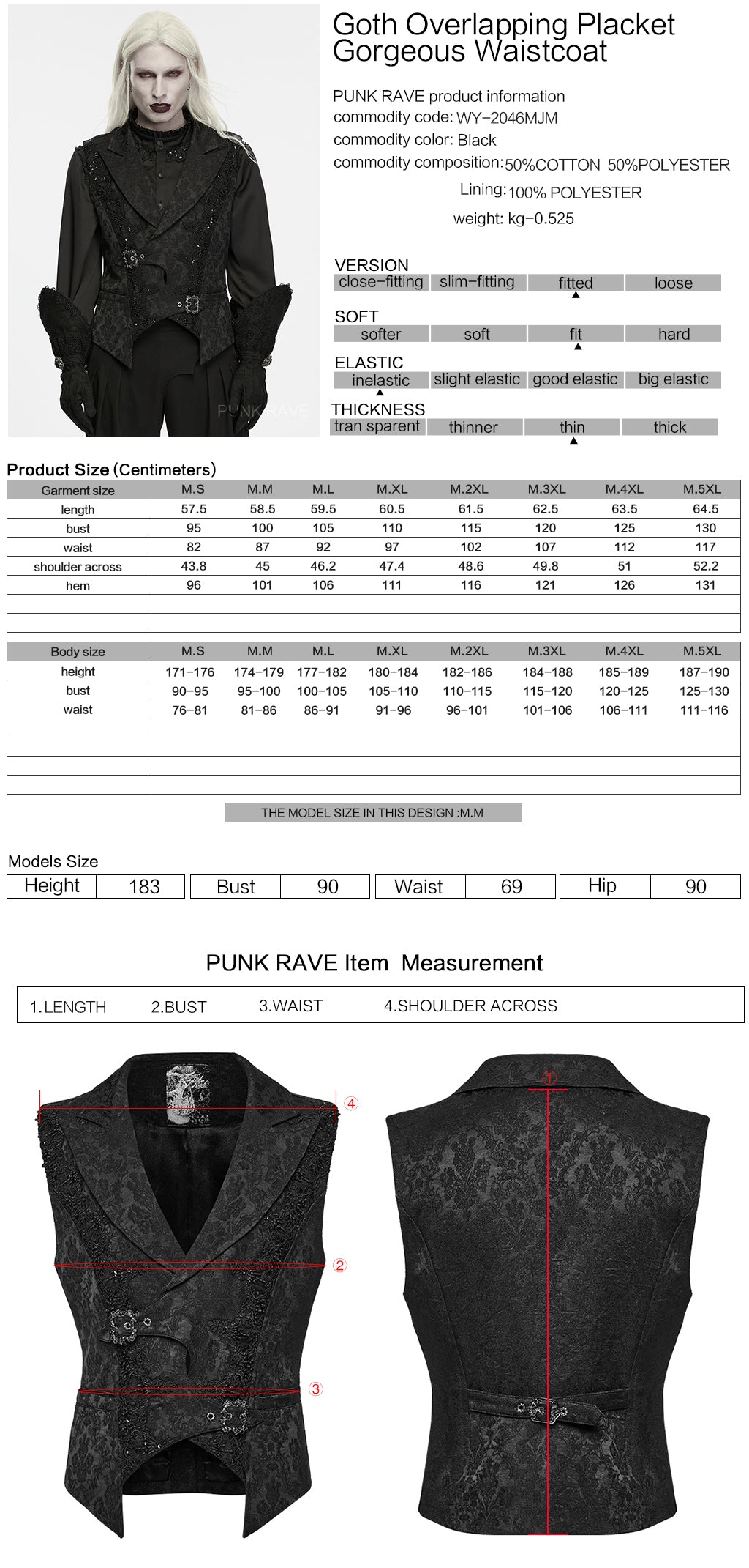 Ficha técnica y tabla de medidas del chaleco de jacquard negro WY-2046MJM
