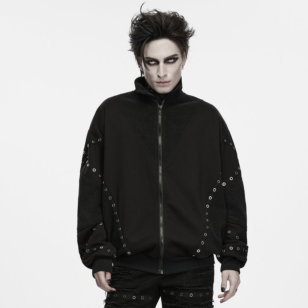 Chaqueta de punto negra de hombre con cuello alto, vista frontal puesta