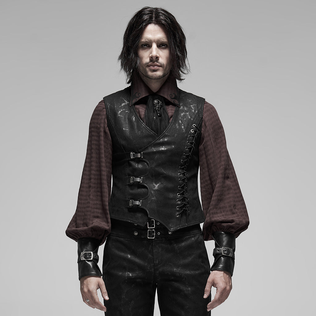 Chaleco steampunk hombre negro jaspeado - vista frontal puesto sobre camisa