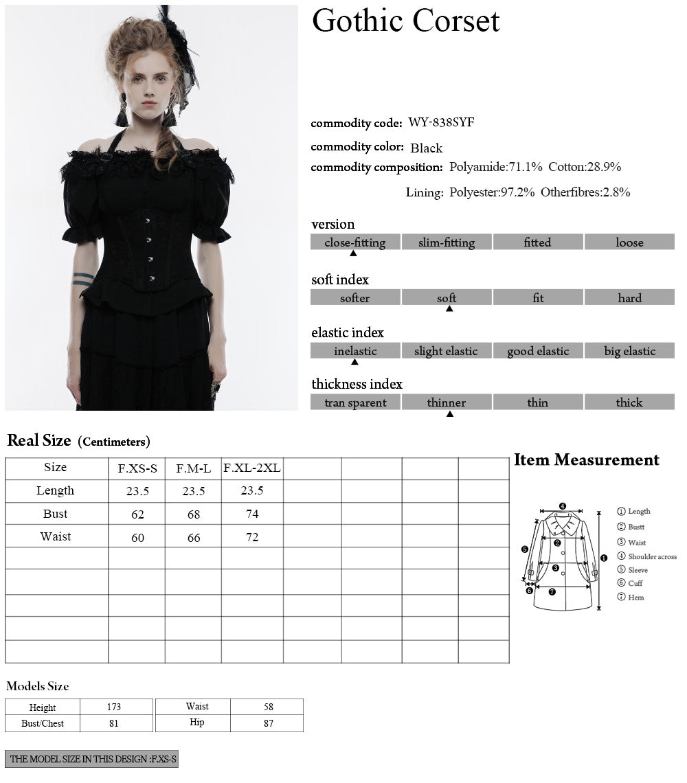 Ficha técnica y tabla de medidas del corsé underbust gótico WY-838
