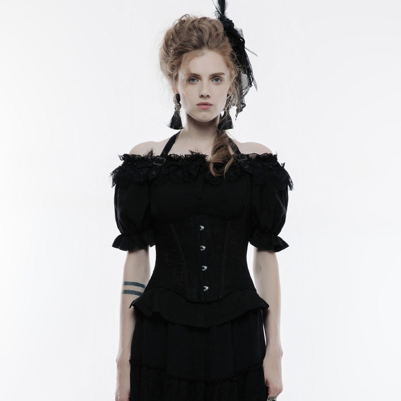 Corsé underbust gótico negro de encaje con tirantes halter, vista frontal puesto sobre blusa