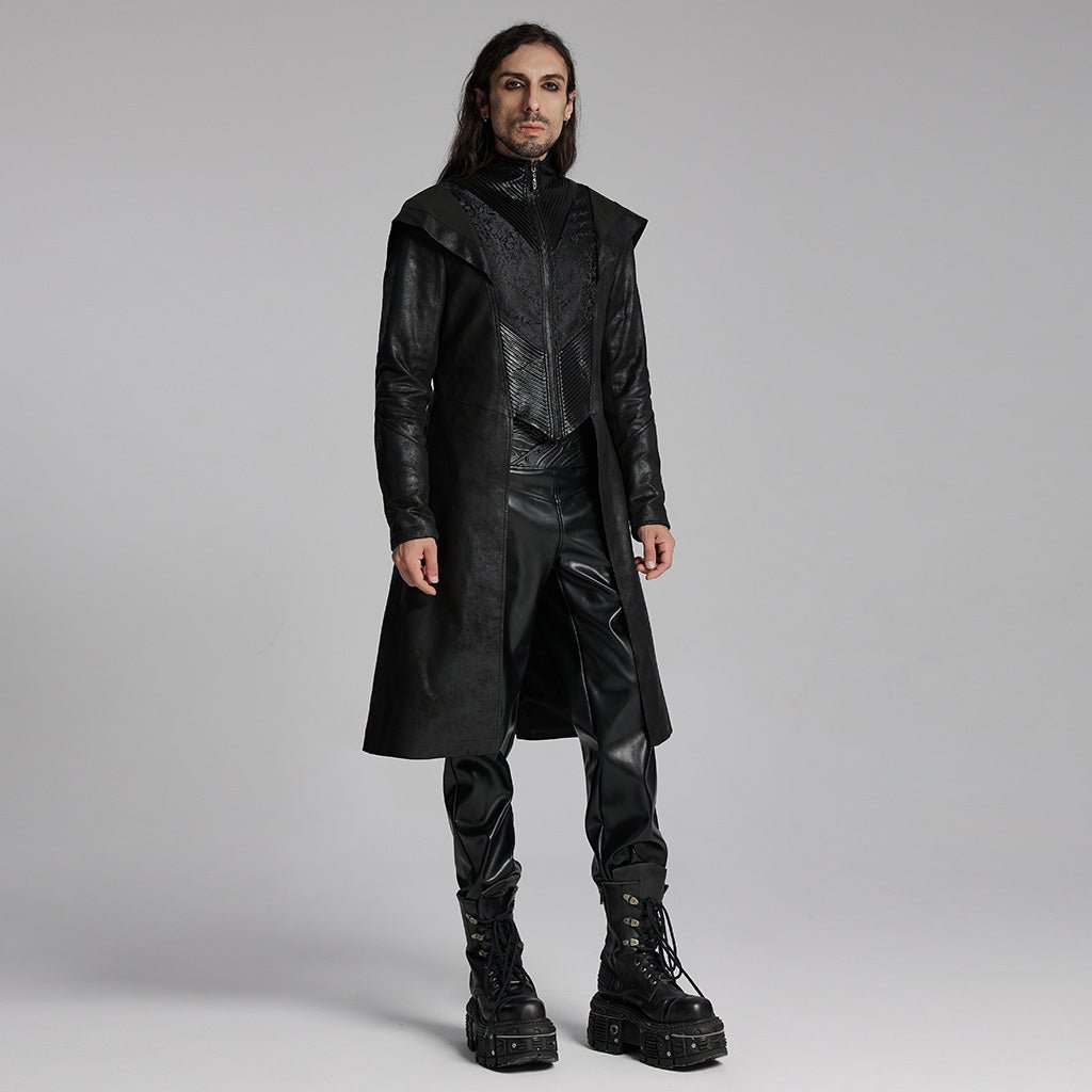 Abrigo Gótico Hombre Negro con Capucha y Efecto Cuero - Crazyinlove