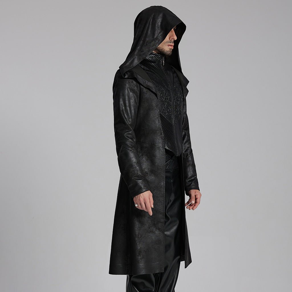 Abrigo Gótico Hombre Negro con Capucha y Efecto Cuero - Crazyinlove