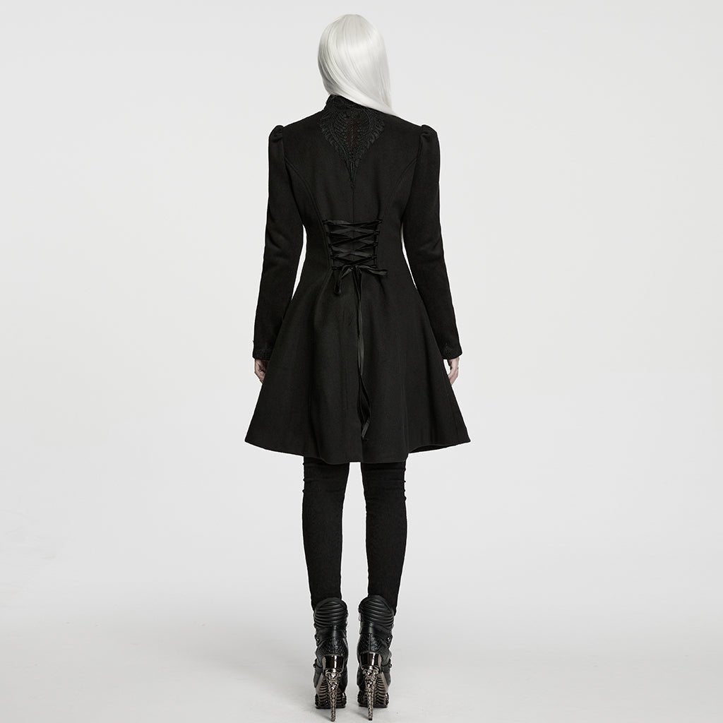 Abrigo Gótico Negro con Pechera de Terciopelo Bordada y Lazada Trasera - Crazyinlove