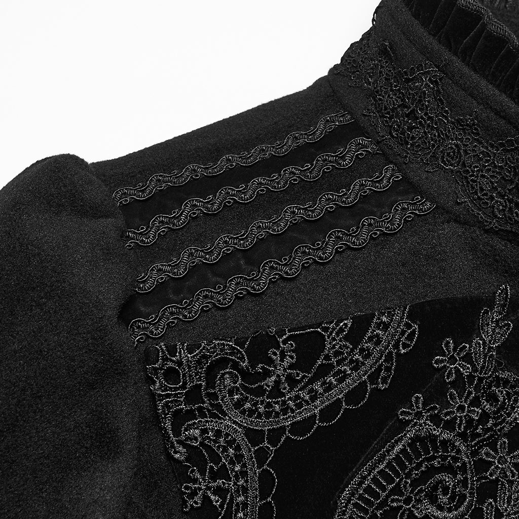 Abrigo Gótico Negro con Pechera de Terciopelo Bordada y Lazada Trasera - Crazyinlove