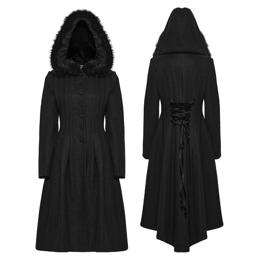 Abrigo Gótico Negro Largo de Paño con Capucha de Pelo y Lazada Trasera - Crazyinlove