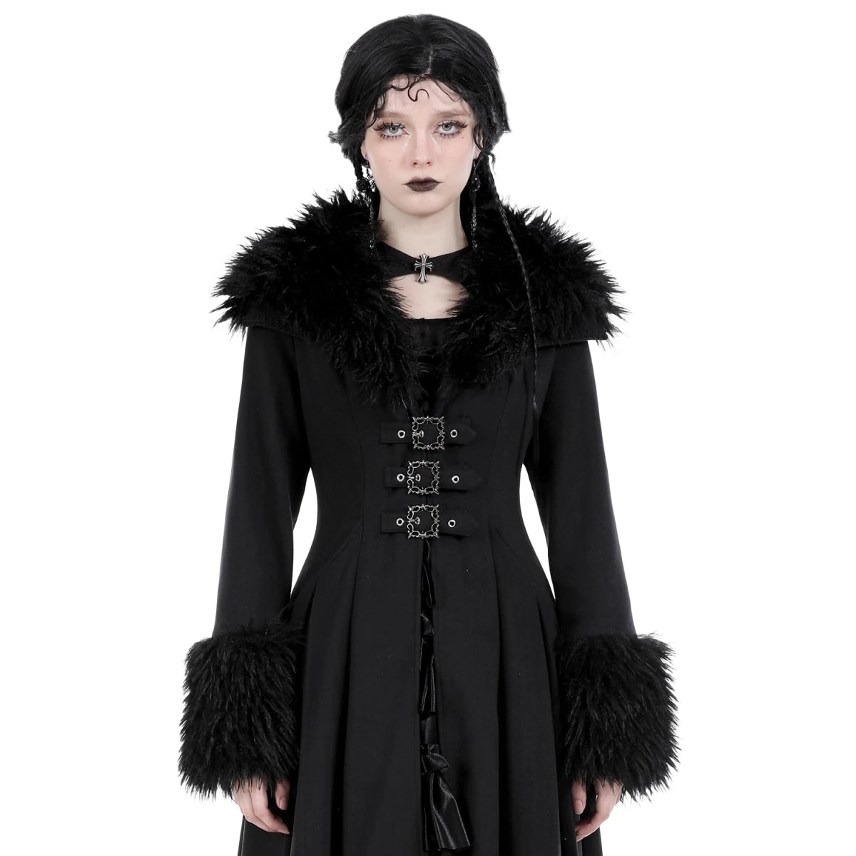 Abrigo Largo con Cuello de Pelo y Lazada Trasera - Crazyinlove