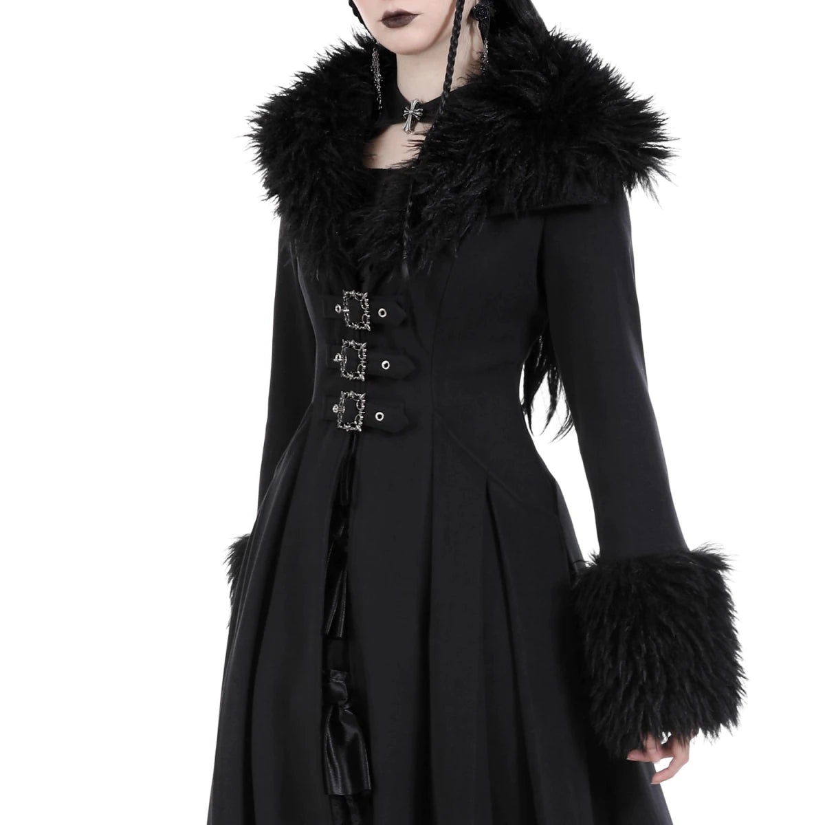 Abrigo Largo con Cuello de Pelo y Lazada Trasera - Crazyinlove