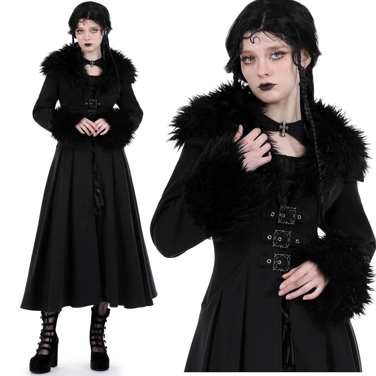 Abrigo Largo con Cuello de Pelo y Lazada Trasera - Crazyinlove