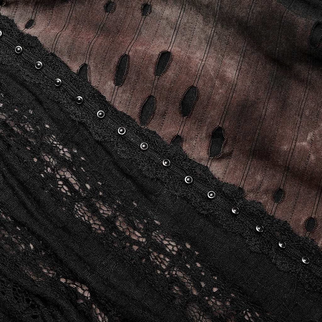 Abrigo largo gótico con capucha negro y marrón efecto rasgado - detalle del panel de encaje negro con tachuelas