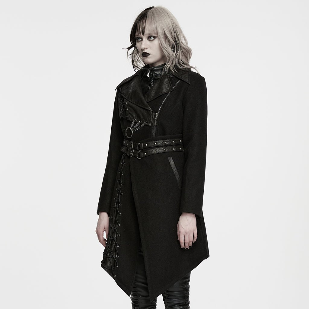 Abrigo Punk Negro Asimétrico con Cordones y Doble Correa - Crazyinlove