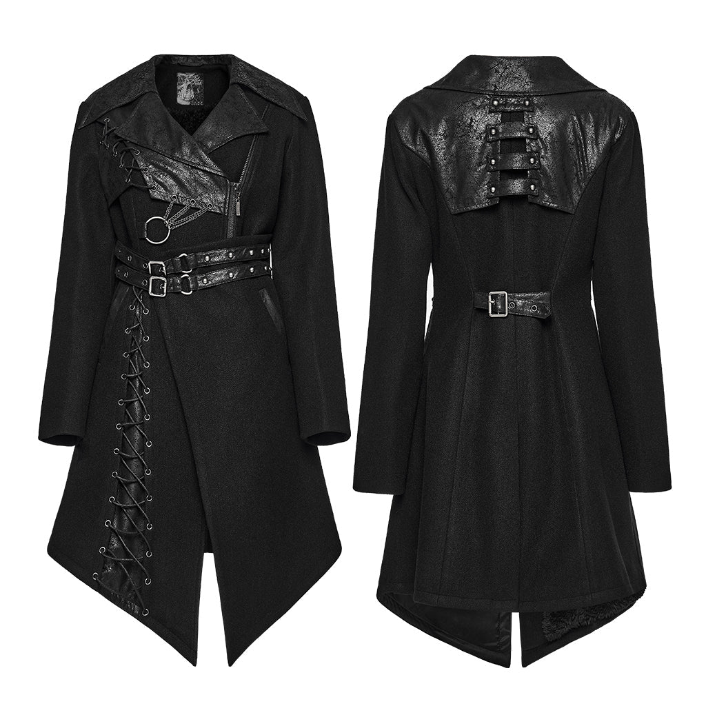 Abrigo Punk Negro Asimétrico con Cordones y Doble Correa - Crazyinlove
