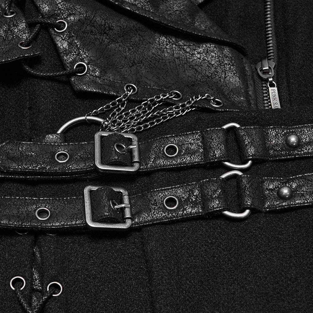 Abrigo Punk Negro Asimétrico con Cordones y Doble Correa - Crazyinlove