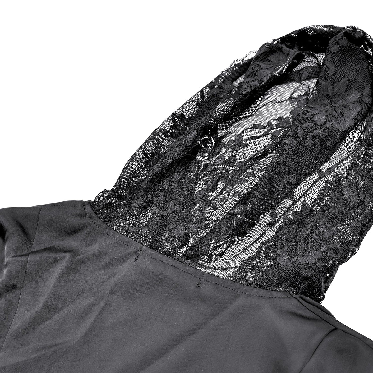 Blusa Gótica de Satén con Capucha de Encaje TW713: detalle de la capucha vista por detrás
