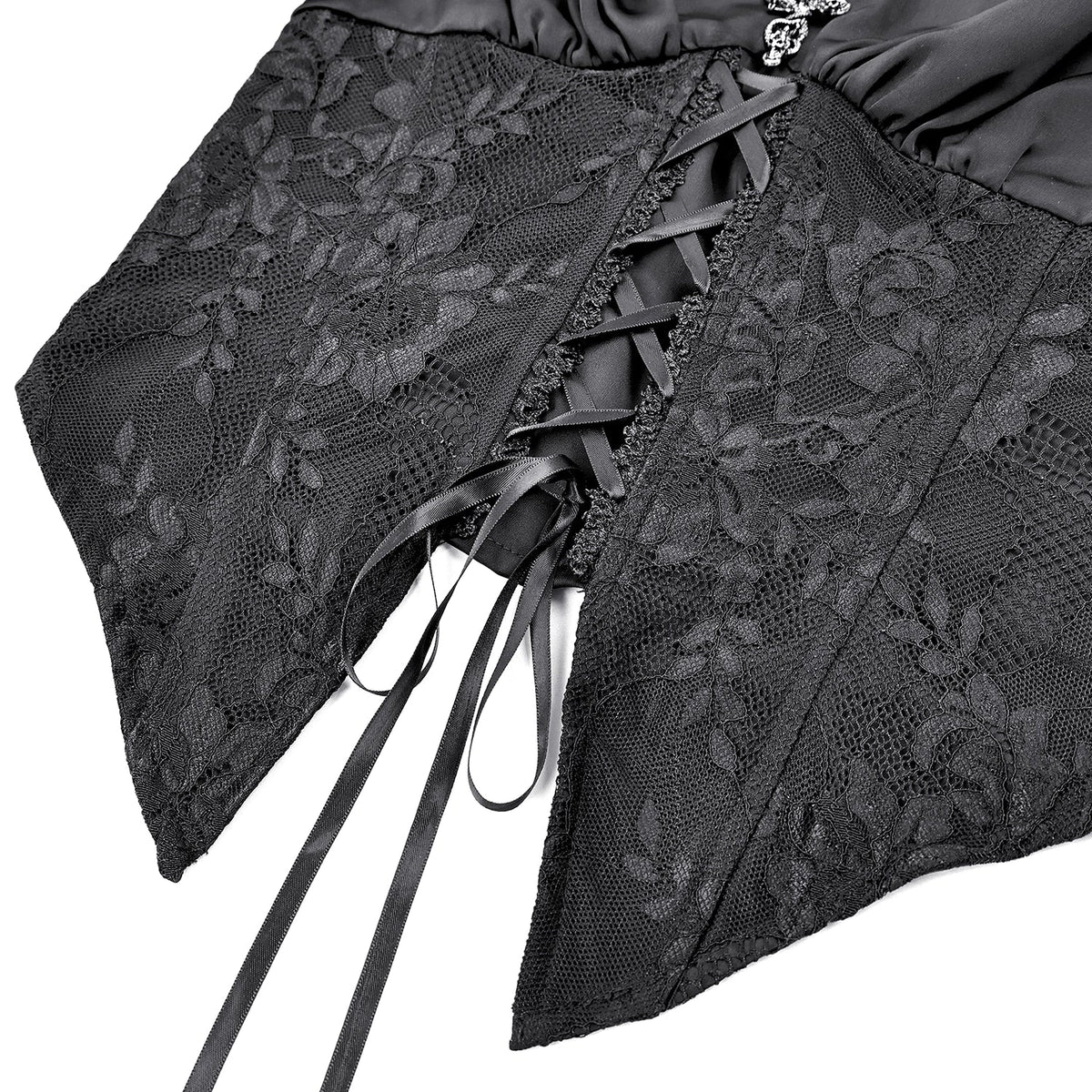 Blusa Gótica de Satén con Capucha de Encaje TW713: detalle de la cintura de jacquard con cordones