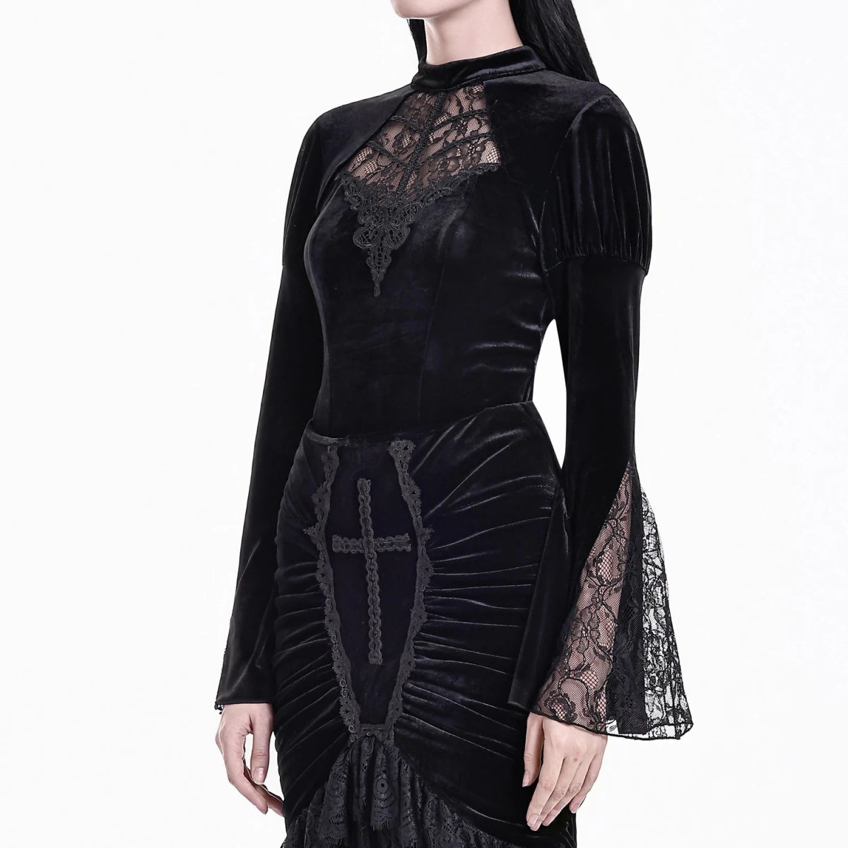Blusa Gótica de Terciopelo Negro con Mangas Campana y Encaje - Crazyinlove