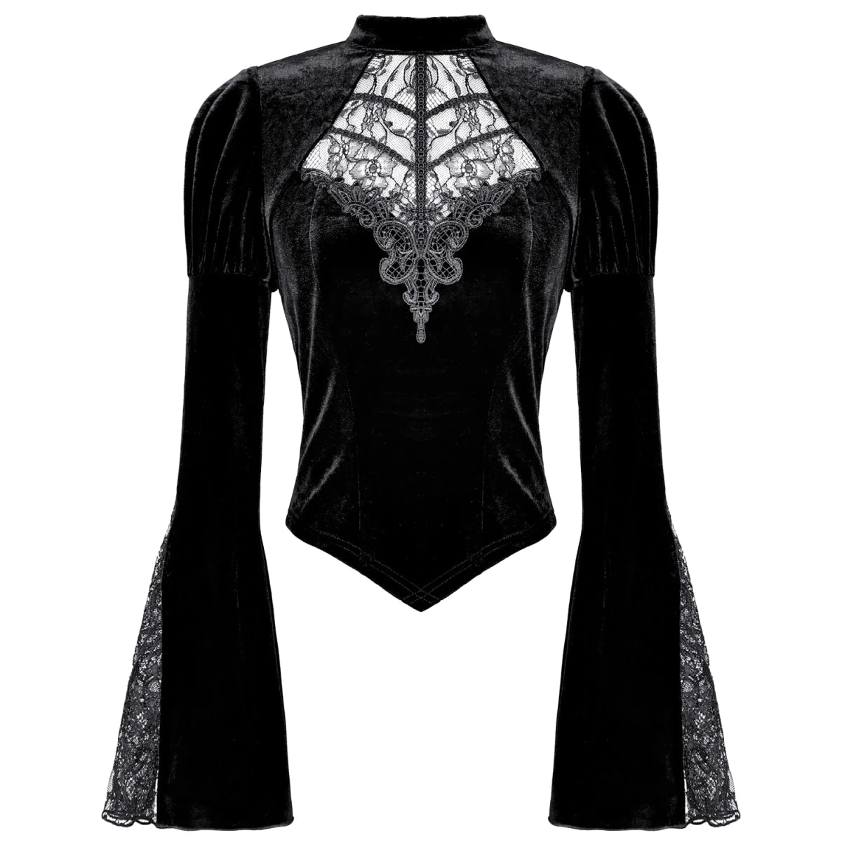 Blusa Gótica de Terciopelo Negro con Mangas Campana y Encaje - Crazyinlove