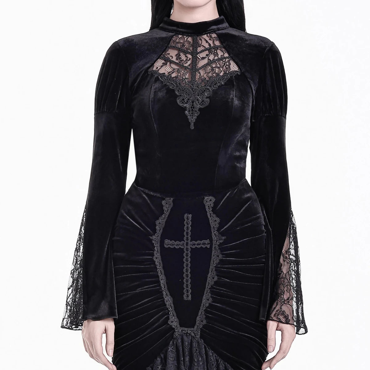 Blusa Gótica de Terciopelo Negro con Mangas Campana y Encaje - Crazyinlove