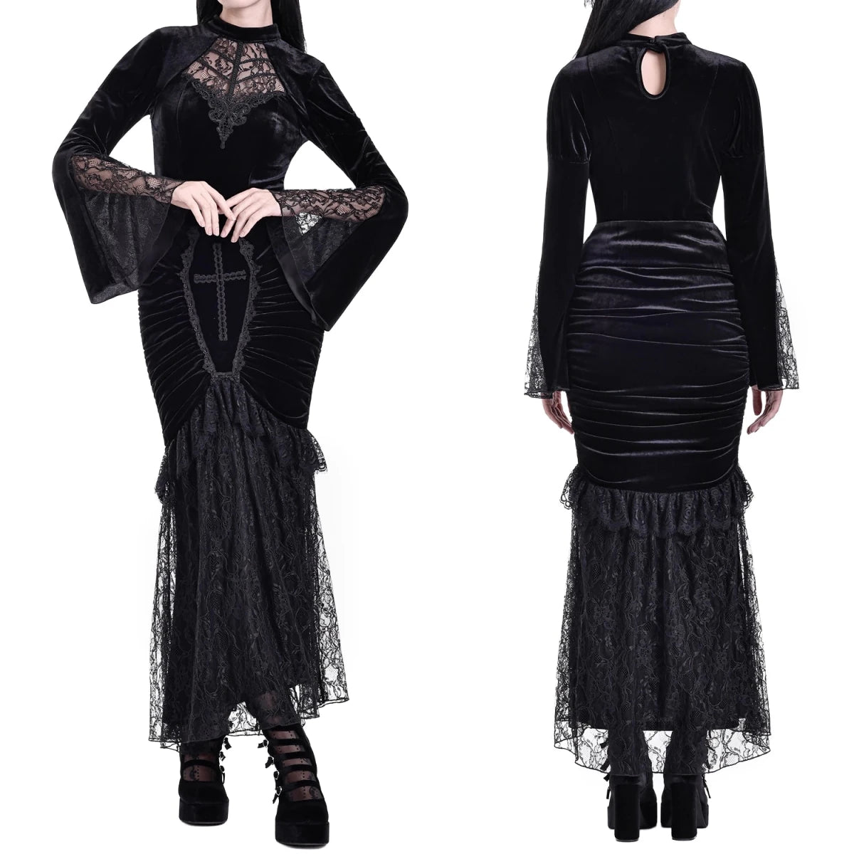 Blusa Gótica de Terciopelo Negro con Mangas Campana y Encaje - Crazyinlove