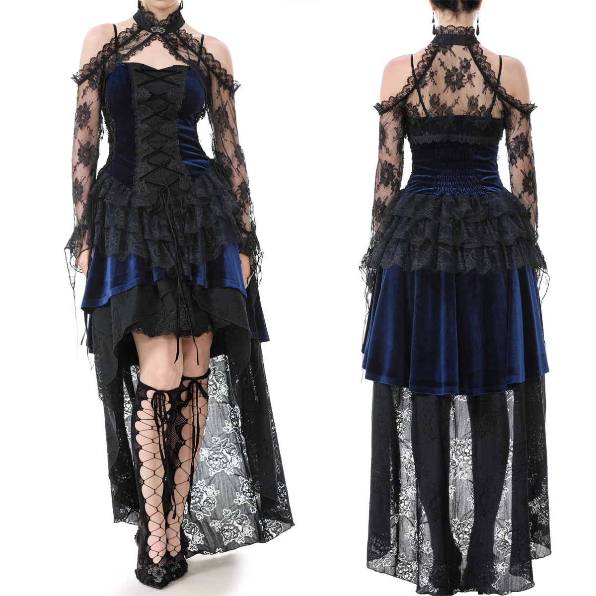 Vista frontal y trasera de conjunto de moda alternativa con vestido azul de terciopelo y accesorios de encaje negro.