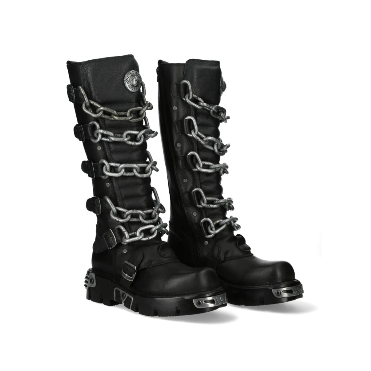 Botas Altas Góticas de Piel Negra con Cadenas y Hebillas - Crazyinlove