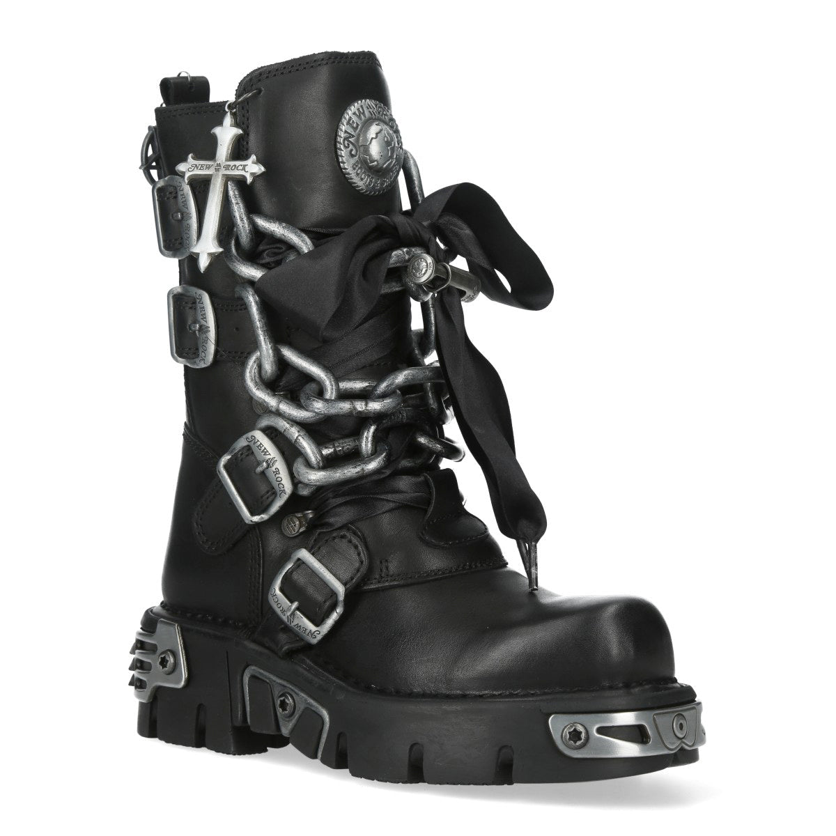 Botte gothique noire vue de trois quarts avec le nœud en satin et les chaînes sur la tige