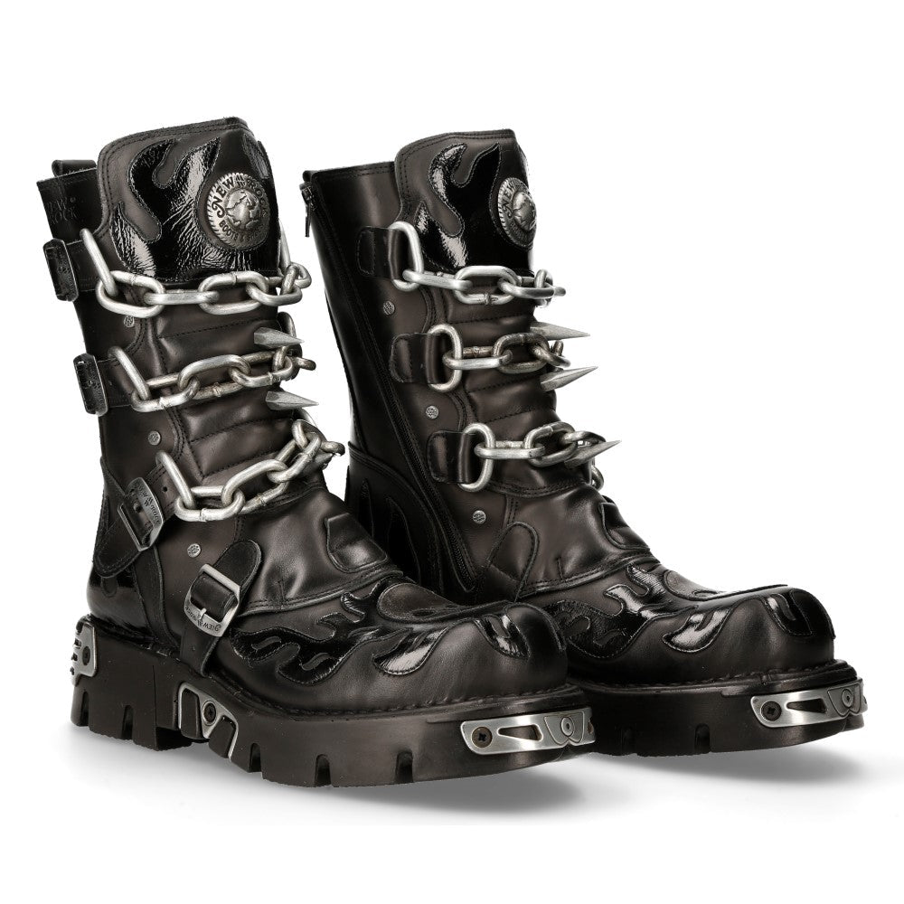 Par de botas New Rock M-727-S5 negras con cadenas, pinchos y llamas