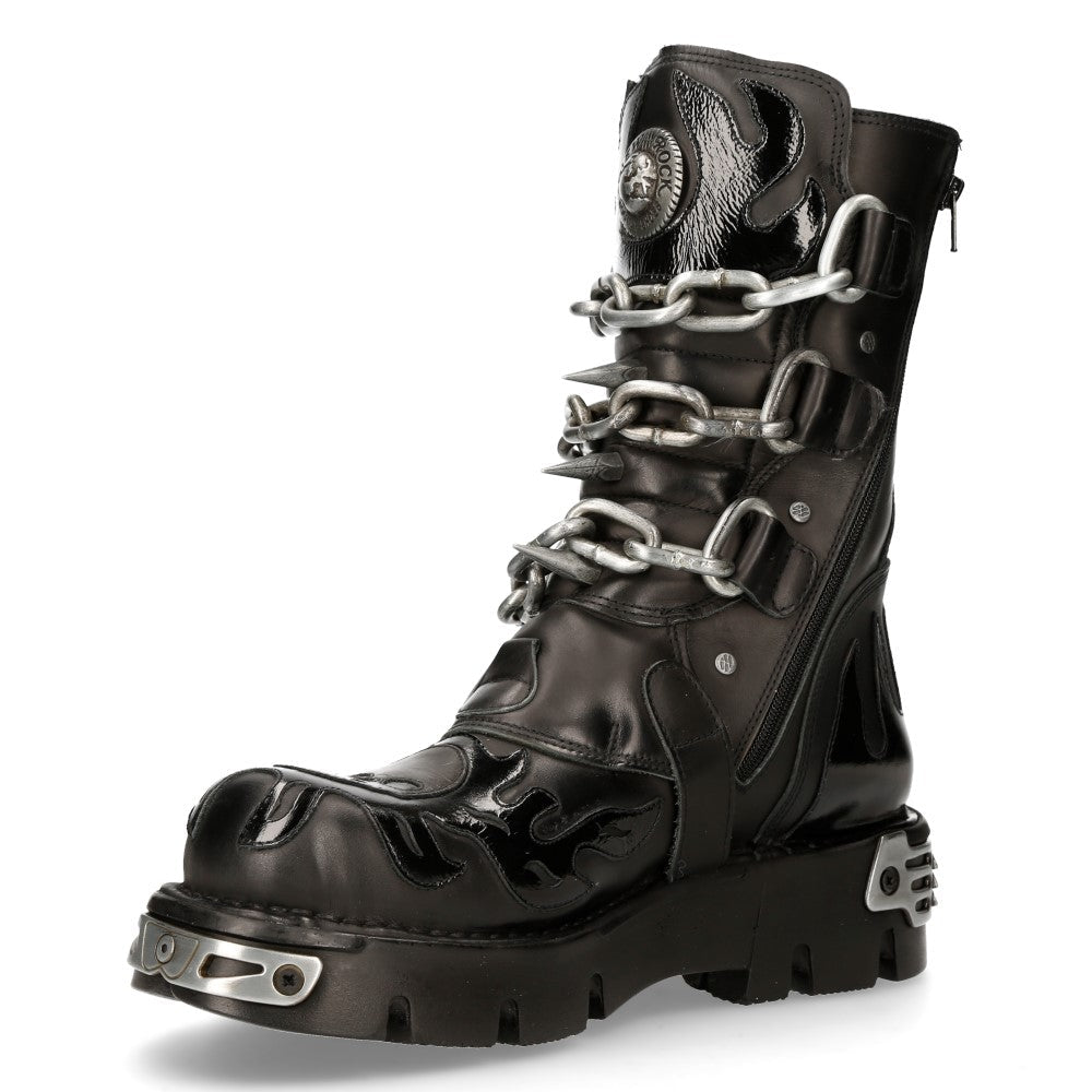 Lado interior de la bota New Rock M-727-S5 con cremallera y llamas en la pala