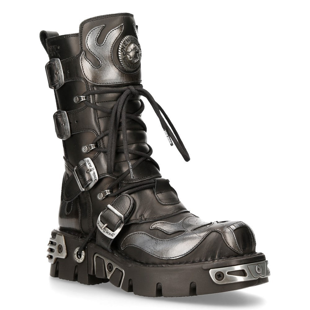 Botas New Rock Góticas con Llamas Plateadas y Hebillas - Crazyinlove