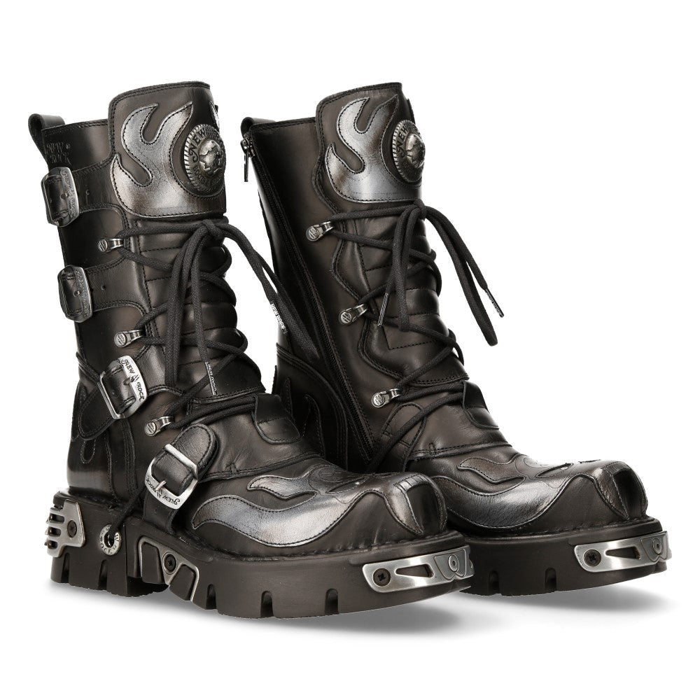 Botas New Rock Góticas con Llamas Plateadas y Hebillas - Crazyinlove