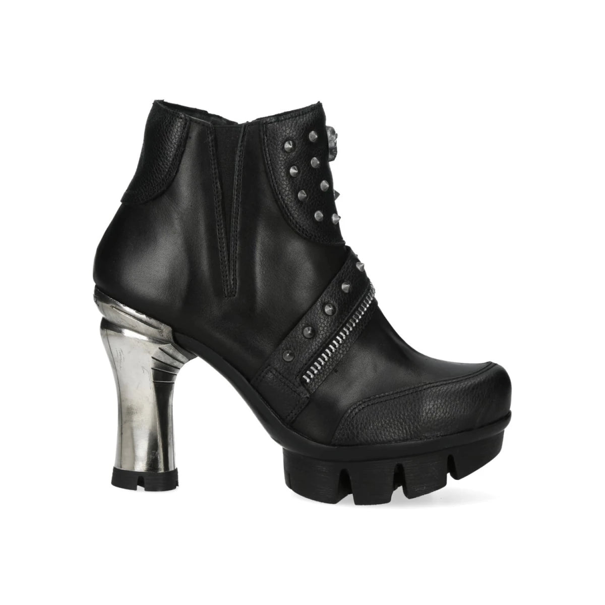 Botines Góticos de Piel Negra con Tachuelas y Tacón Plateado de 11 cm - Crazyinlove