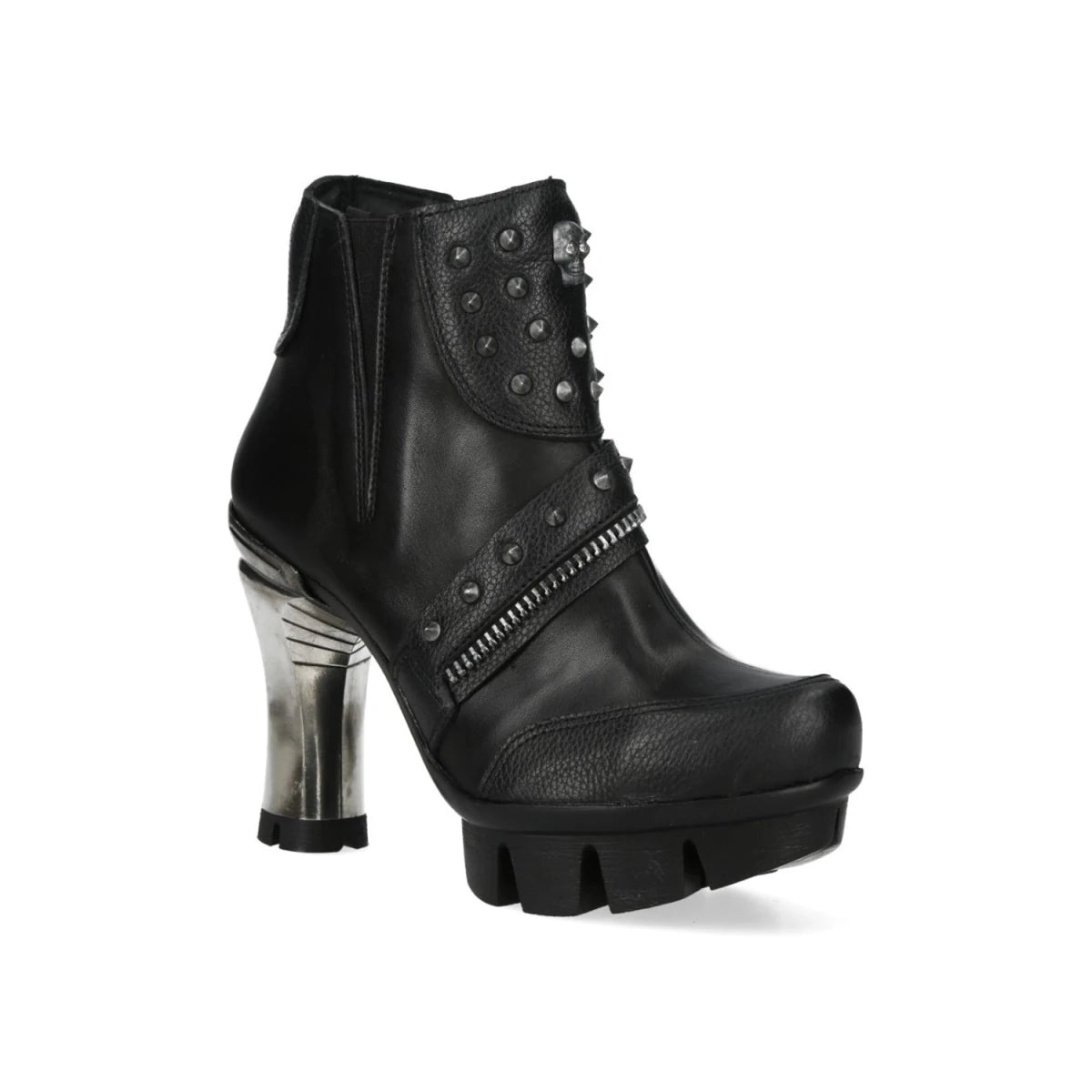 Botines Góticos de Piel Negra con Tachuelas y Tacón Plateado de 11 cm - Crazyinlove