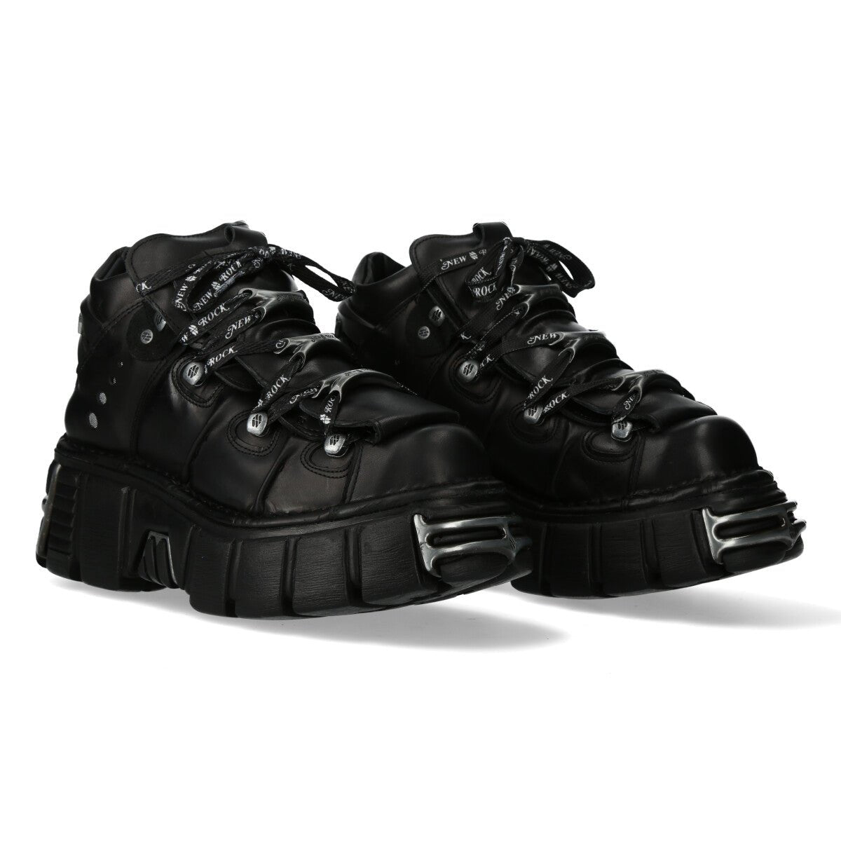 Par de botines de piel negra New Rock M-106LACE-S1 con cordones estampados con el logo