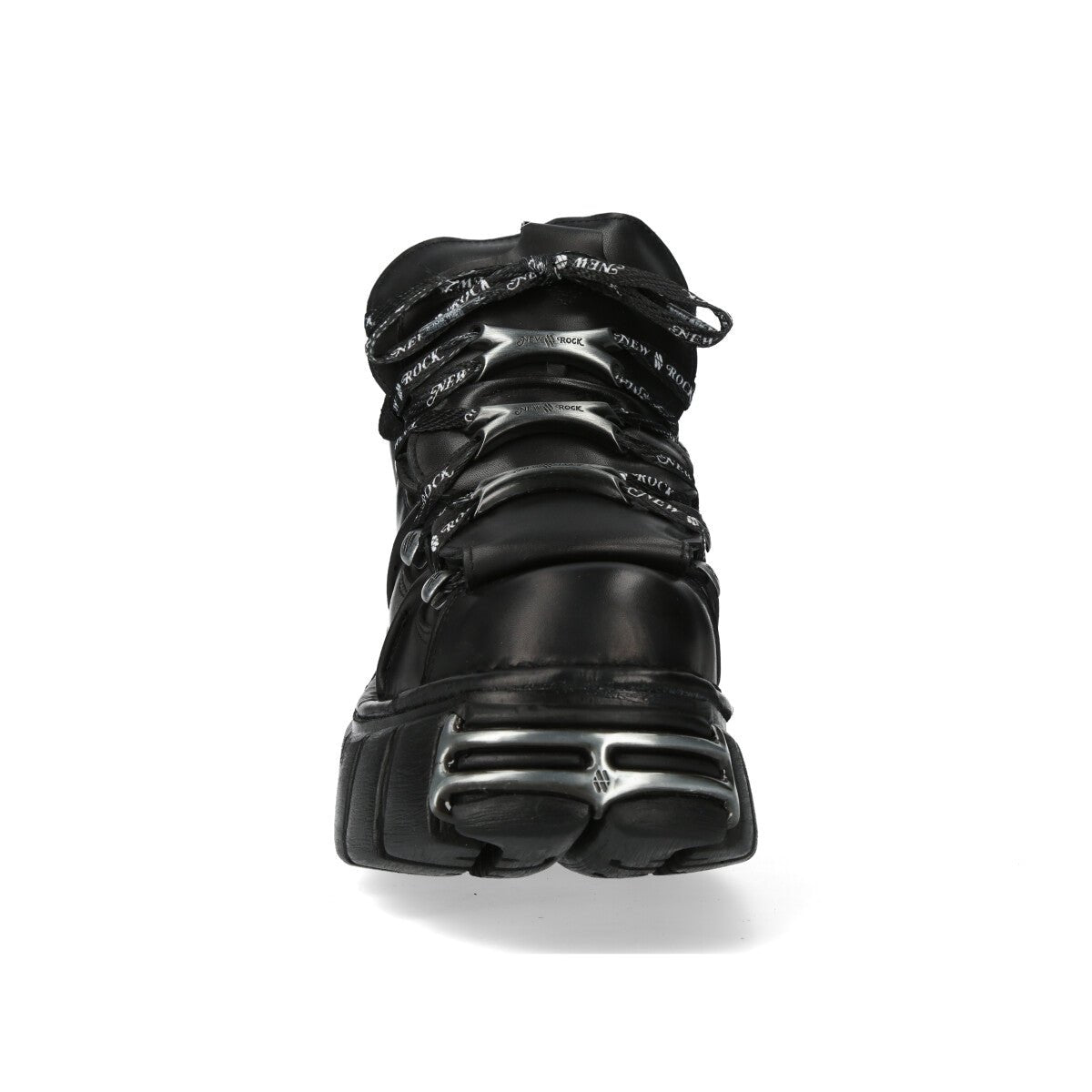 Vista frontal del botín M-106LACE-S1 con ganchos de garra y cordones con letras New Rock