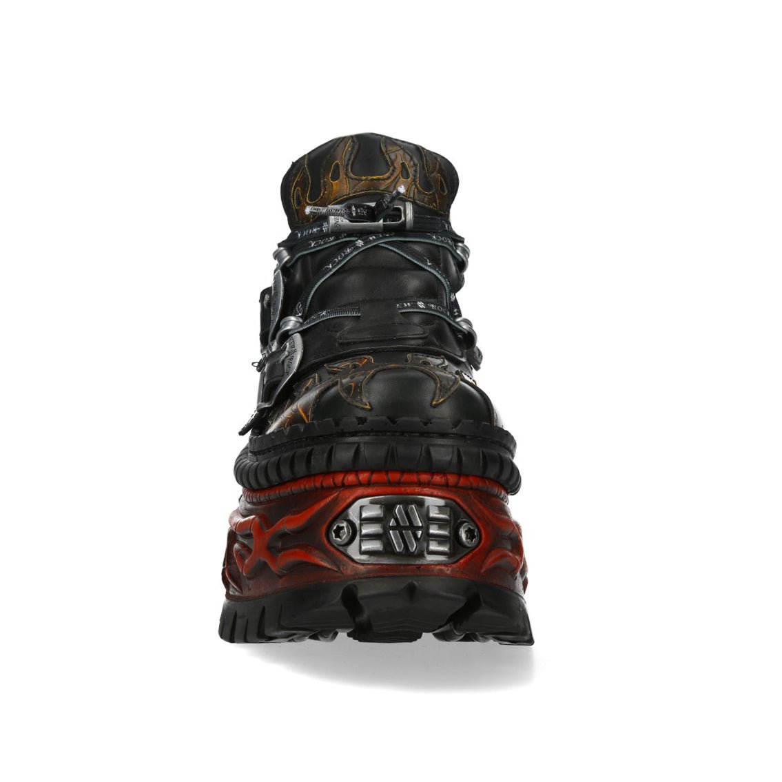 Vue de face de la bottine New Rock avec la plaque métallique et le logo sur la plateforme rouge