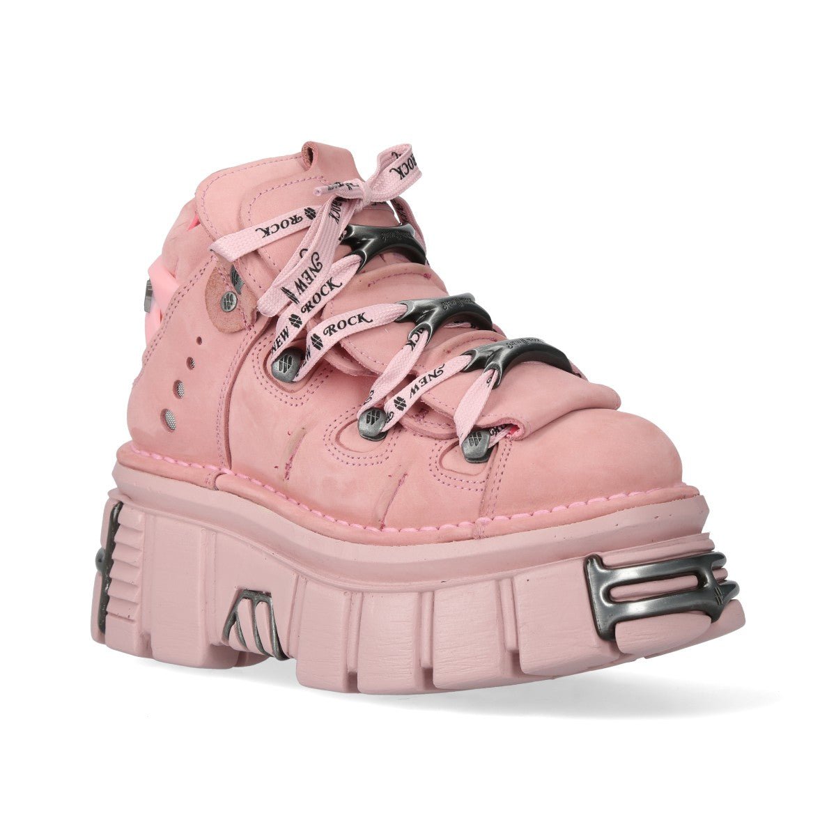 Botín rosa M-106-C158 en vista de tres cuartos con cordones rosas estampados
