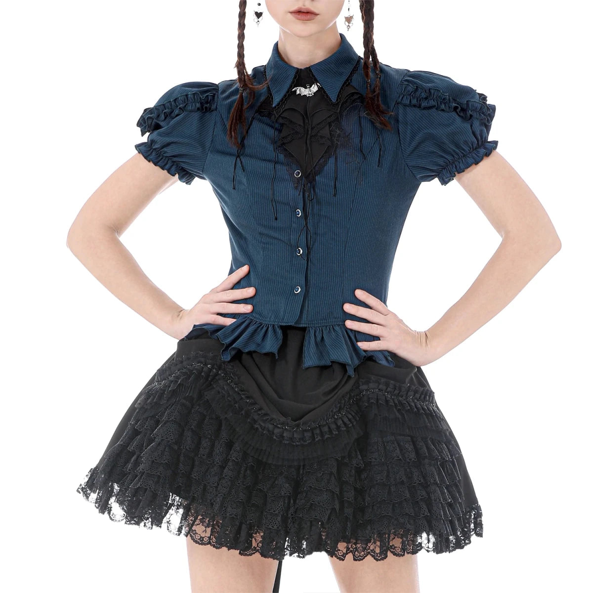 Camisa Azul con Jabot de Murciélago y Volantes - Crazyinlove