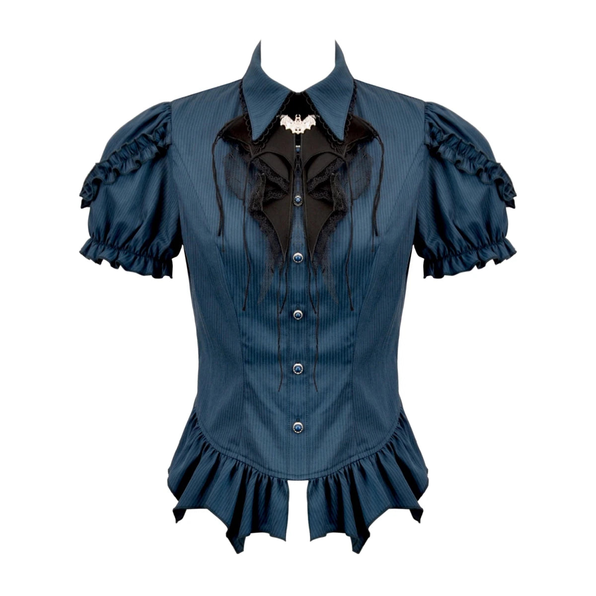 Camisa Azul con Jabot de Murciélago y Volantes - Crazyinlove