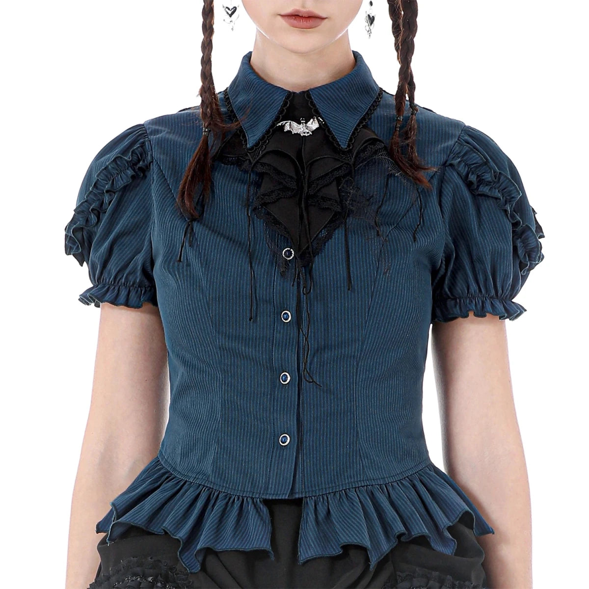 Camisa Azul con Jabot de Murciélago y Volantes - Crazyinlove
