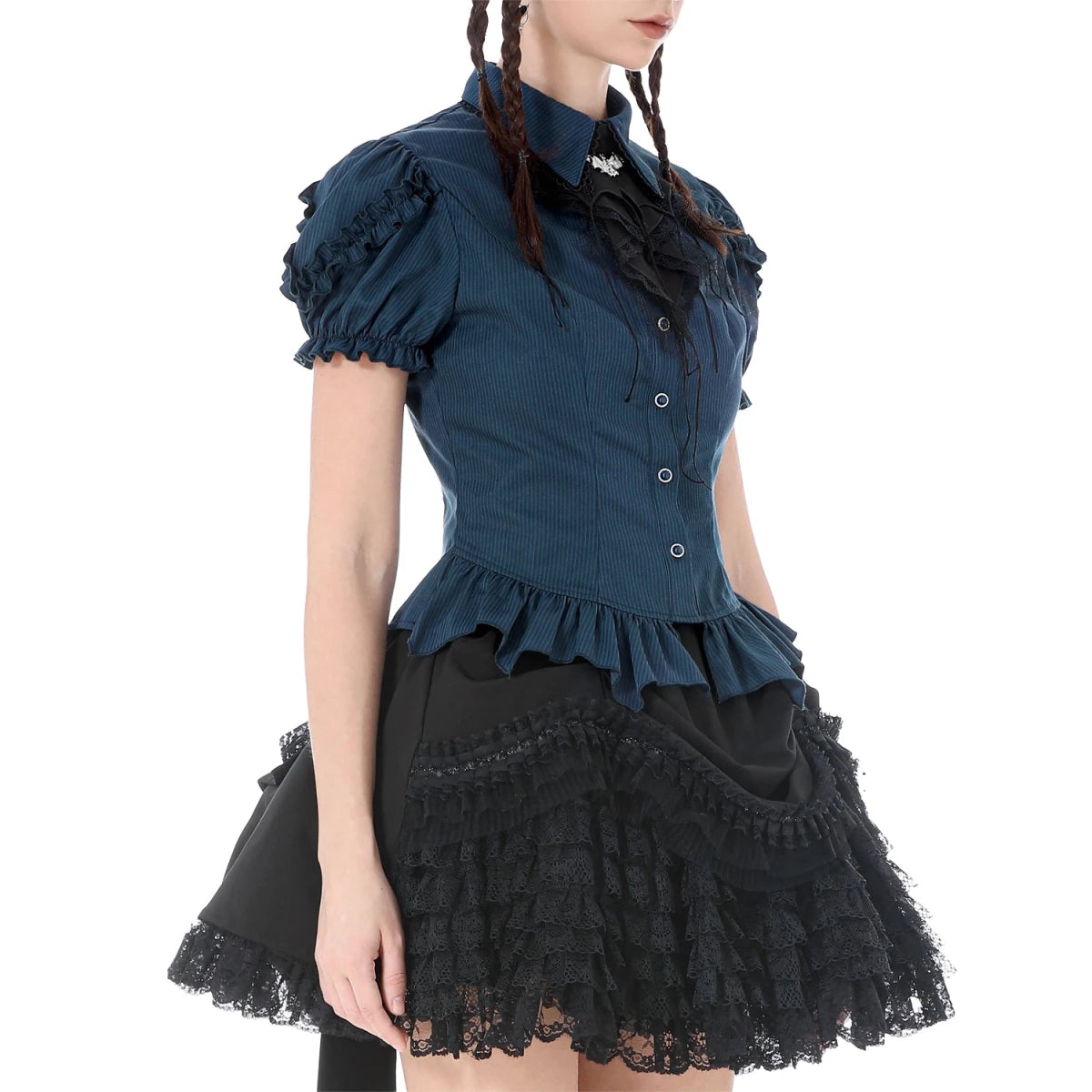 Camisa Azul con Jabot de Murciélago y Volantes - Crazyinlove