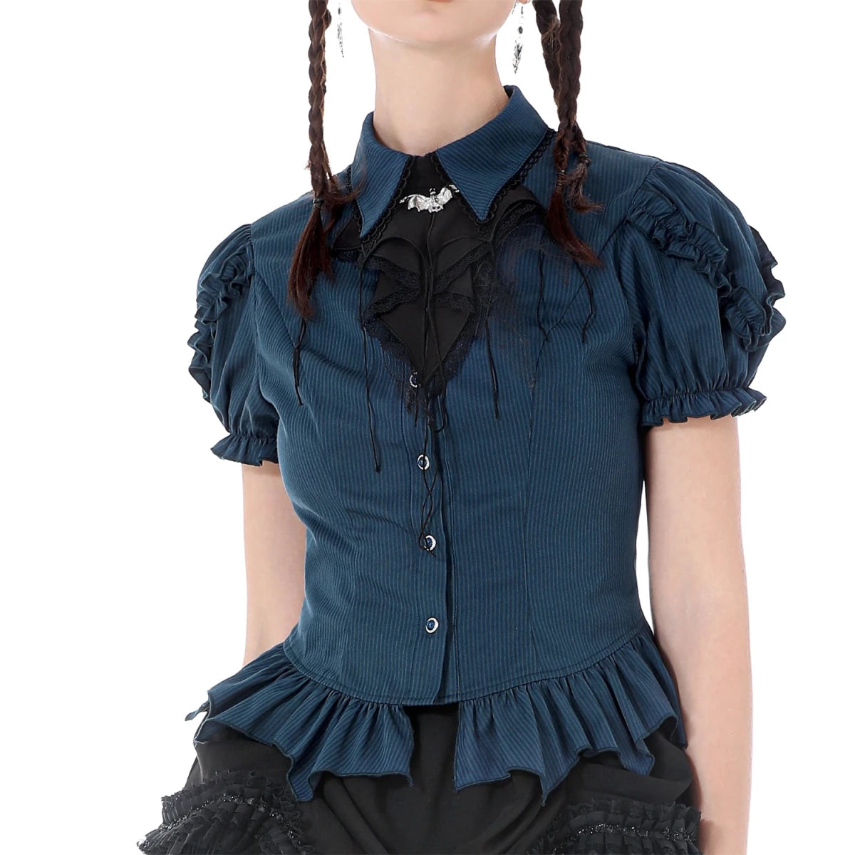 Camisa Azul con Jabot de Murciélago y Volantes - Crazyinlove