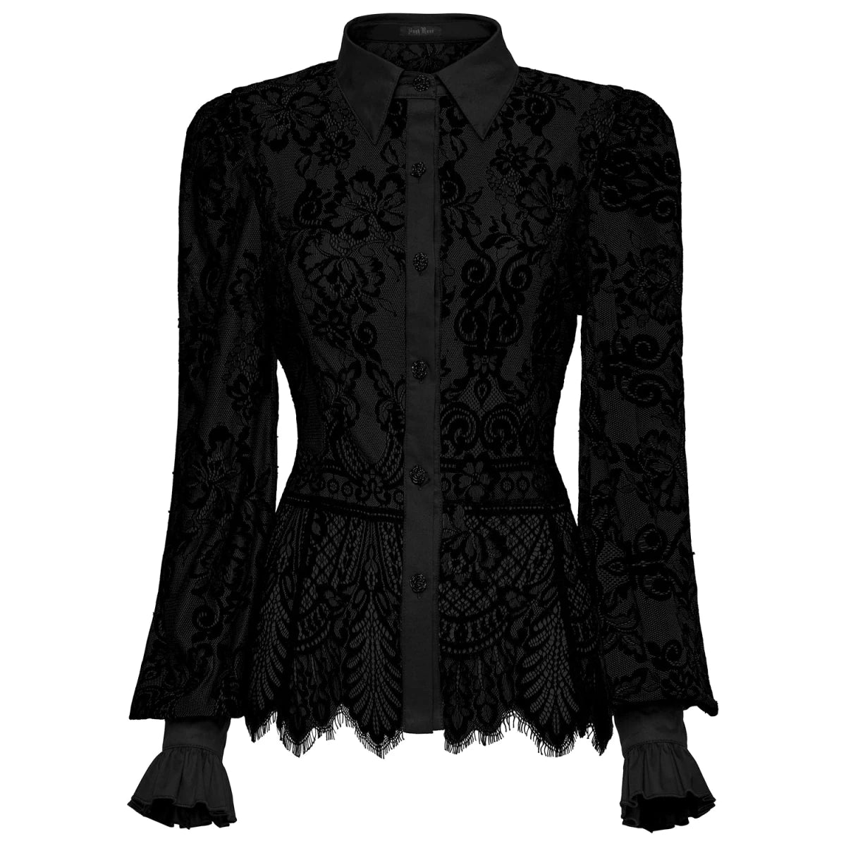 Camisa de Encaje Negro con Cuello Clásico y Puños de Volante - Crazyinlove