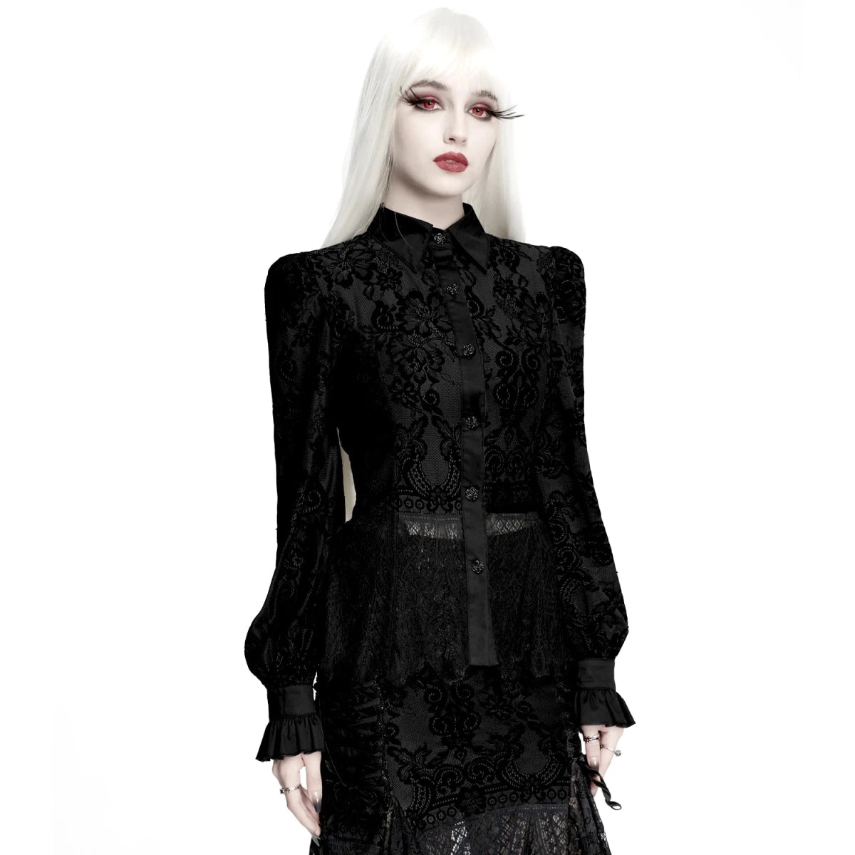 Camisa de Encaje Negro con Cuello Clásico y Puños de Volante - Crazyinlove