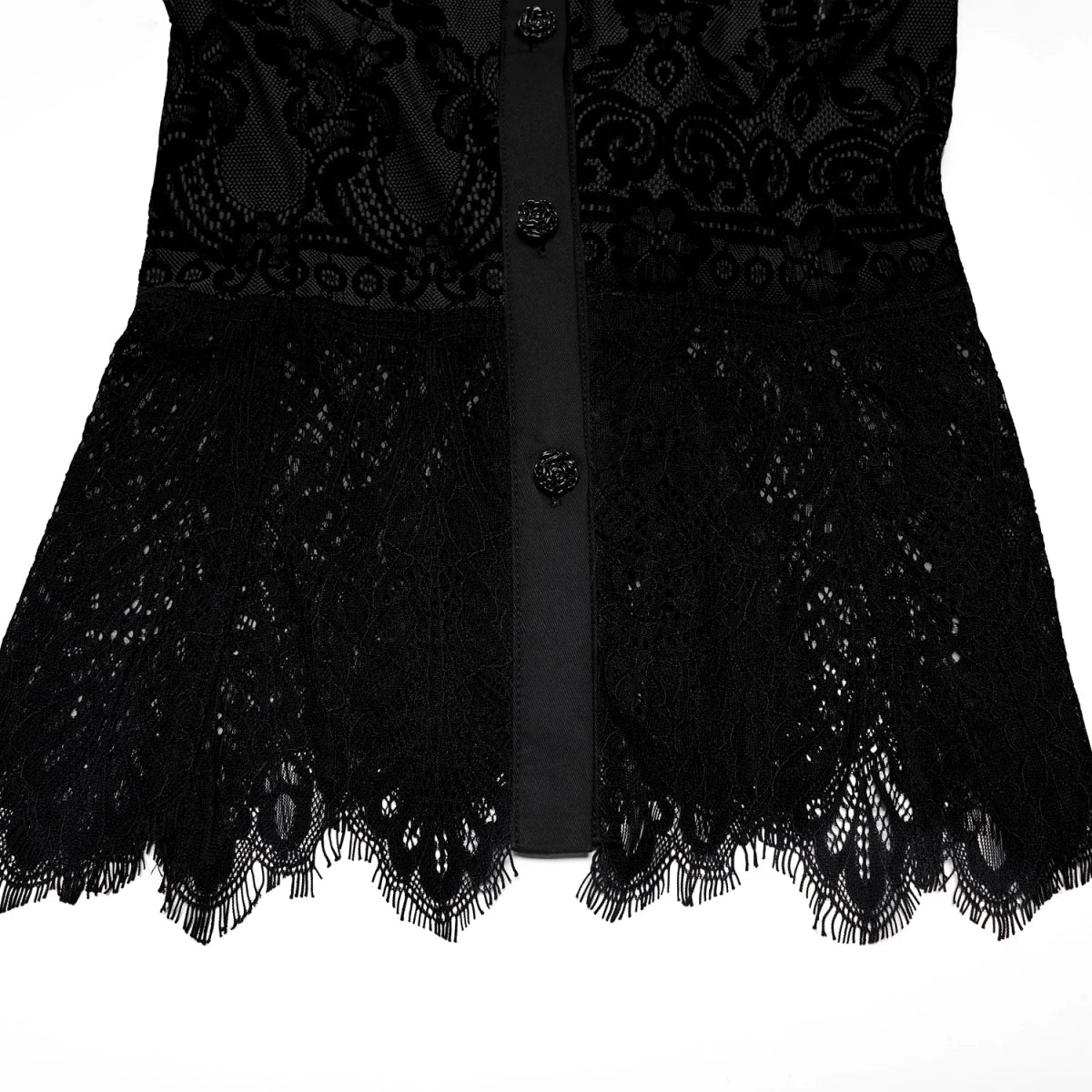 Camisa de Encaje Negro con Cuello Clásico y Puños de Volante - Crazyinlove