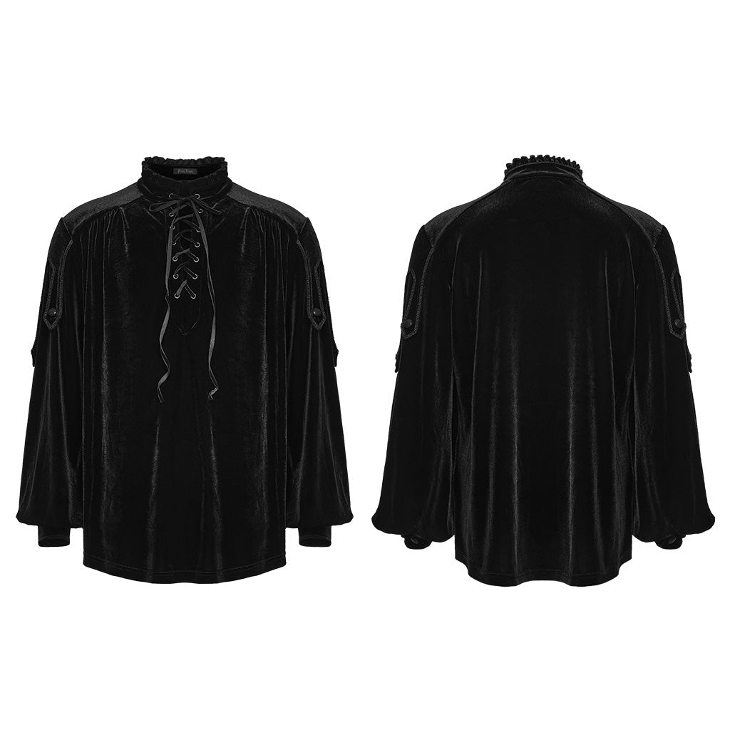 Camisa de terciopelo negro con cordones sin modelo, delantero y espalda