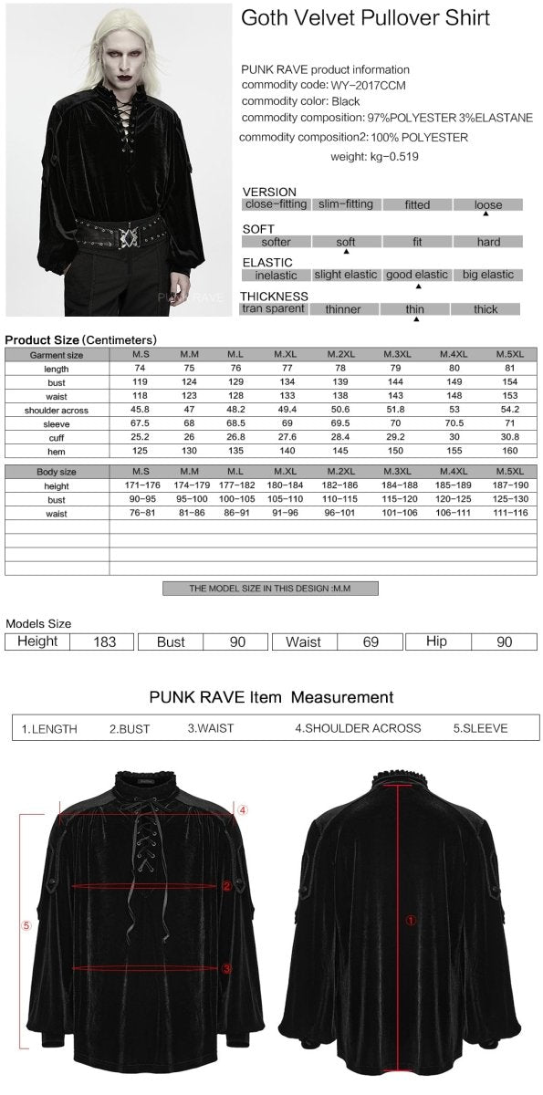 Ficha técnica y tabla de medidas de Camisa Gótica de Terciopelo Negro Hombre con Escote de Cordones