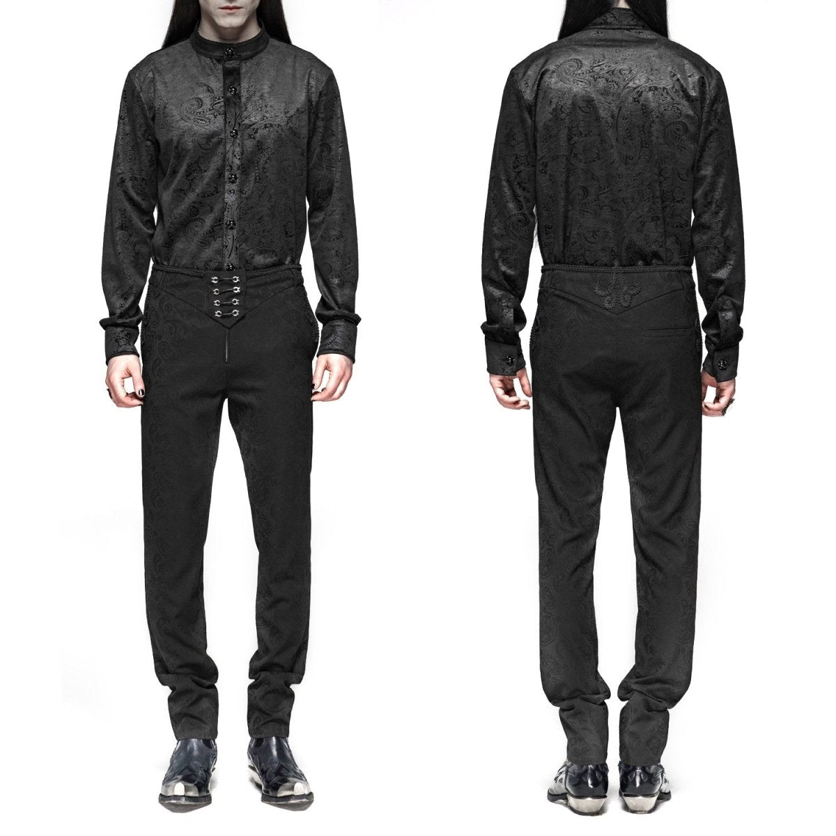 Camisa gótica negra de hombre puesta, vista frontal y trasera con pantalón de vestir