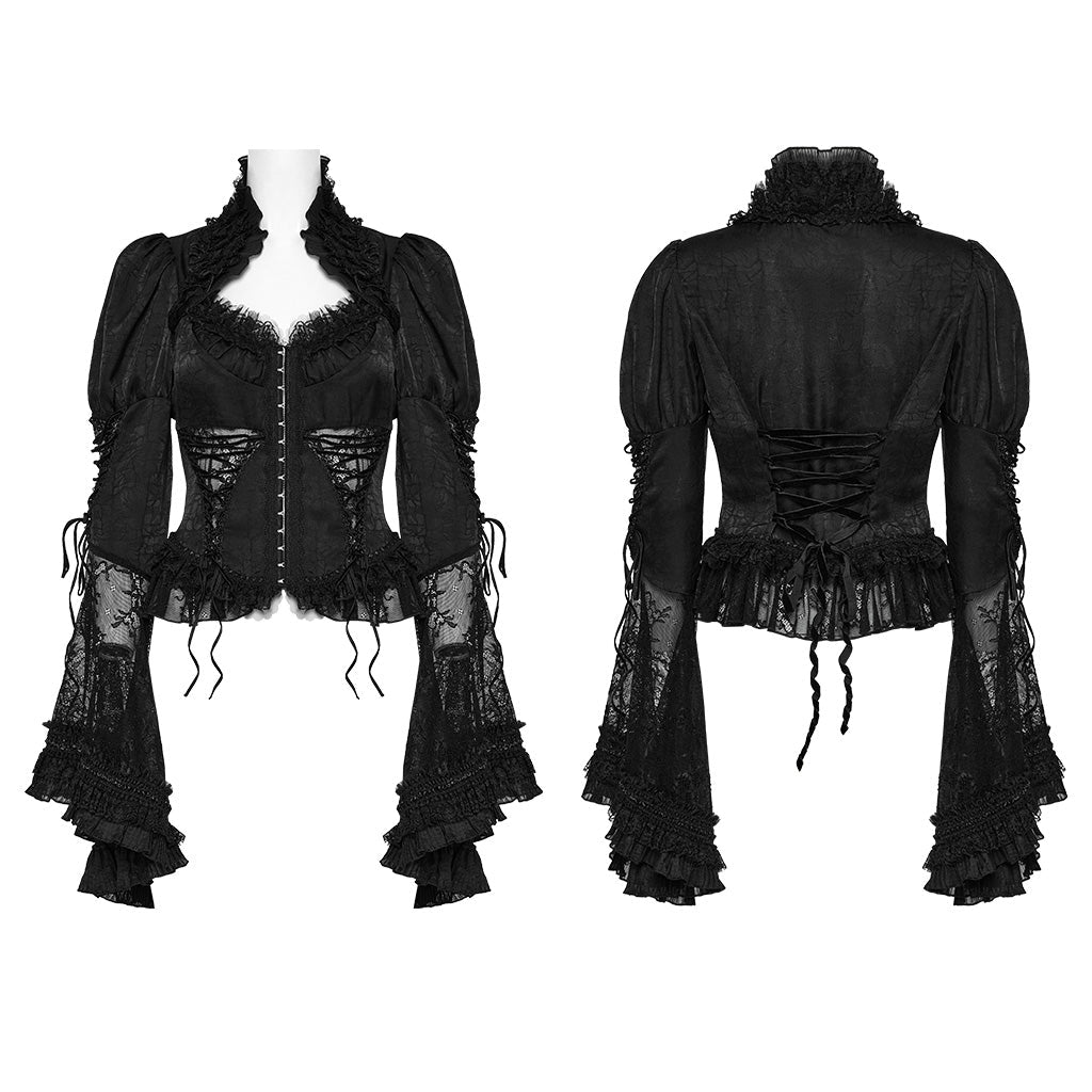 Camisa gótica negra en plano, delantero con corchetes y espalda con lazada